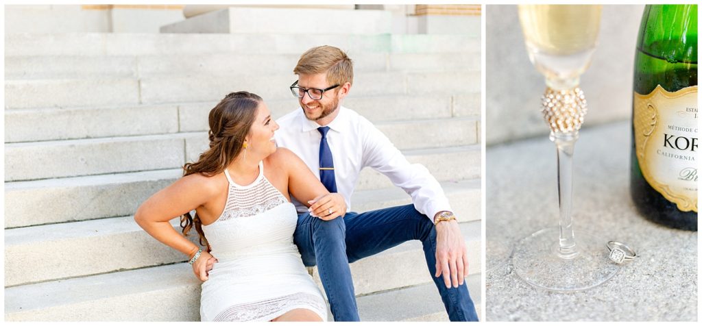 Bride and groom having a good laugh on the steps in beautiful Clearwater,Florida.