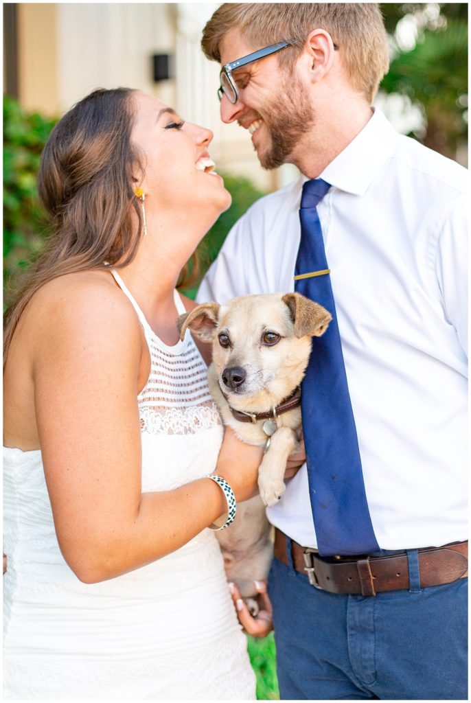 Loving moment with a puppy between bride and groom
