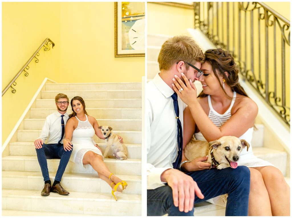 Dog shares in intimate moment with bride and groom at destination wedding in Clearwater, Florida.