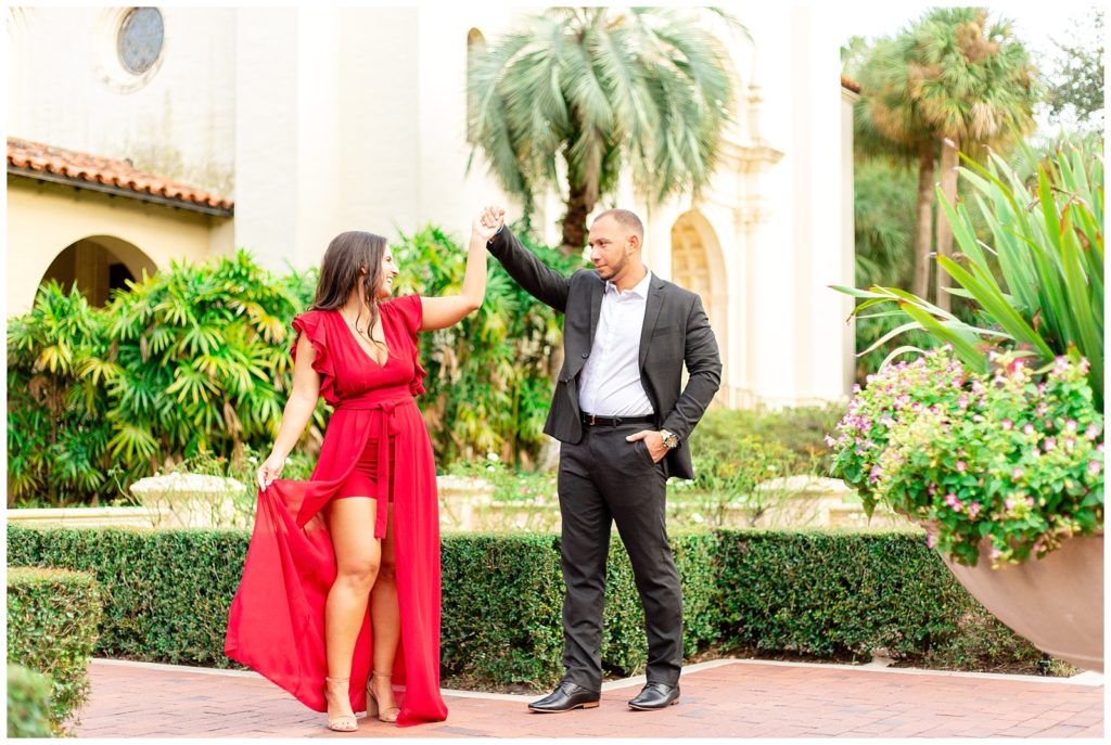 Couple who is getting married have a wedding photographer take their engagement photos at Rollins College in Orlando Florida.