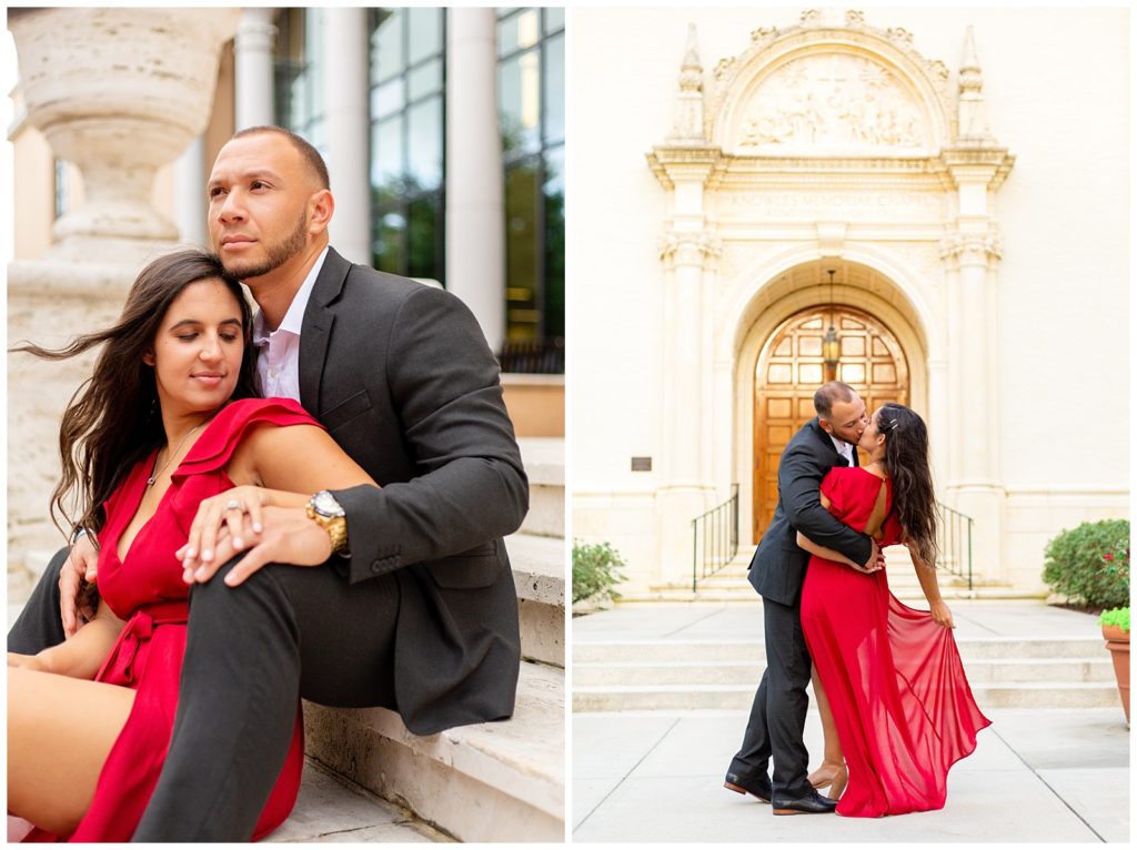 couple shares kiss at rollins college in central florida during their engagement session