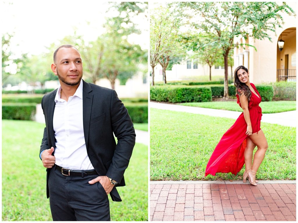 couple look at each other sweetly in engagement session photos in orlando florida