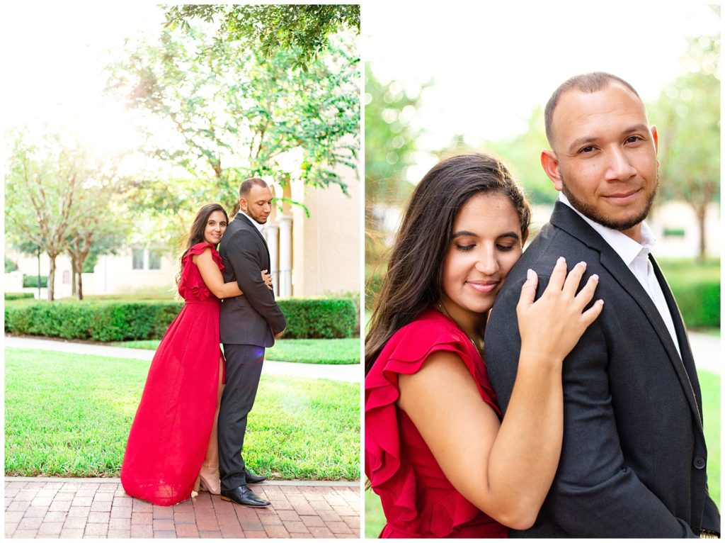 couple in red dress and black tux take engagement photos in orlando florida at rollins college before their wedding