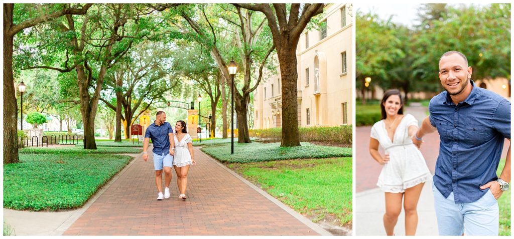 couple enjoys romantic walk at rollins college in orlando florida during engagement photos