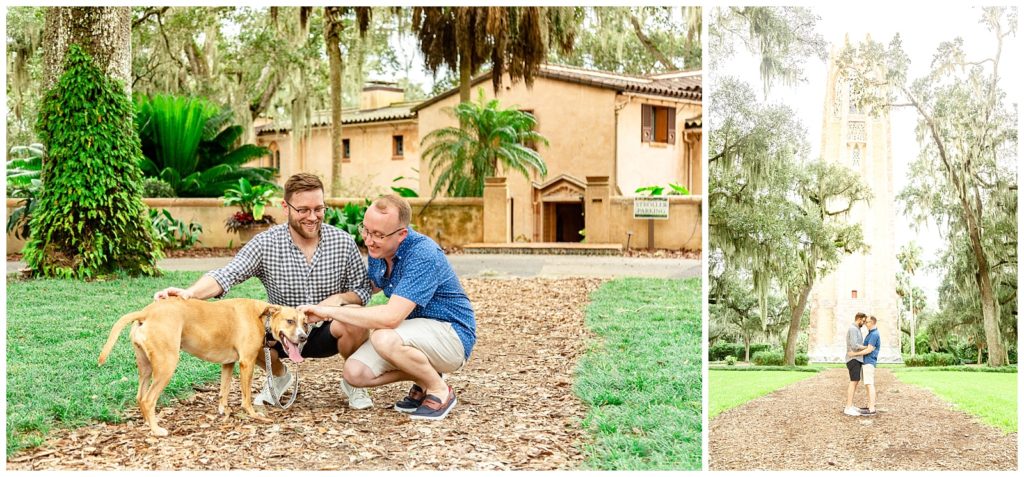 Engaged couple take photos with their dog at engagement session in Central Florida. 