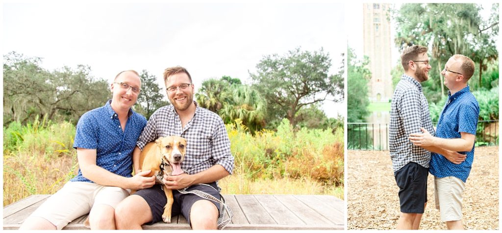 Engaged couple takes portrait with their dog at their engagement session in Florida