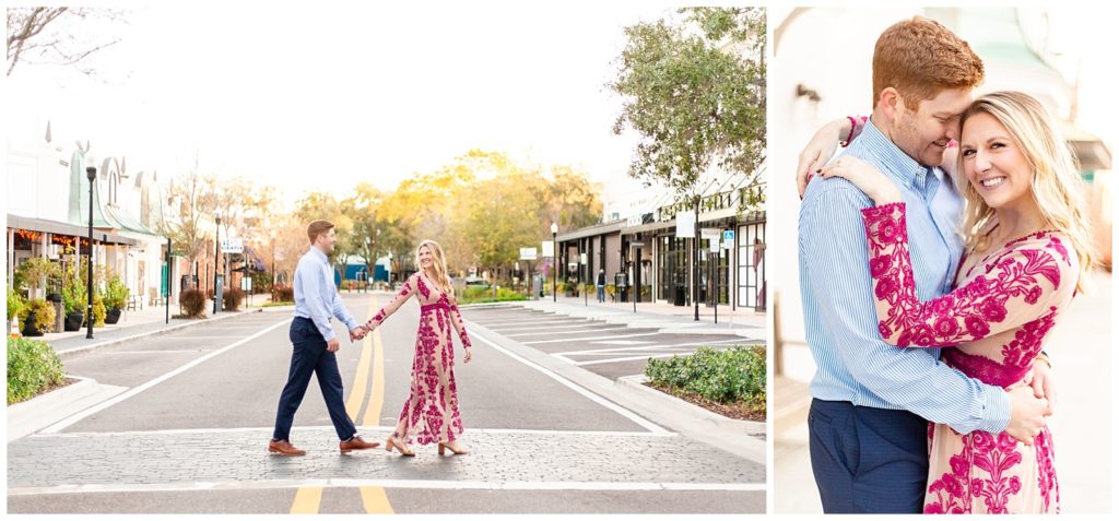 Women leads her fiance across the walkway of Hyde Park Village in cute engagement photo