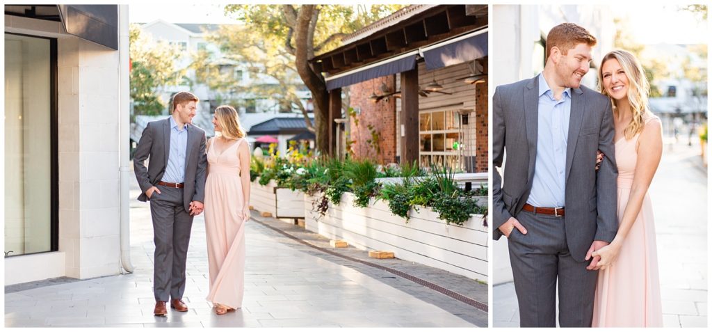 Couple in grey suit and blush dress enjoy a stroll in Hyde Park Village