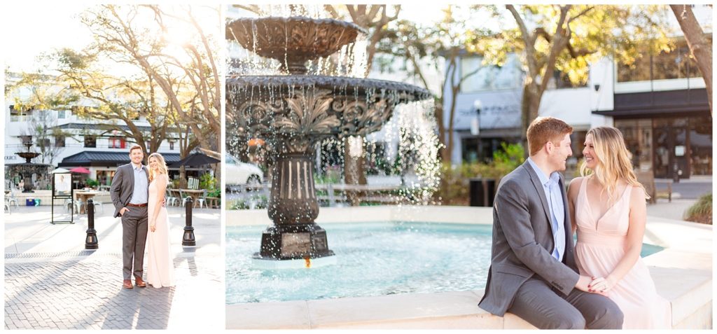 Sitting by a blue fountain in Tampa Florida couple shares sweet moment