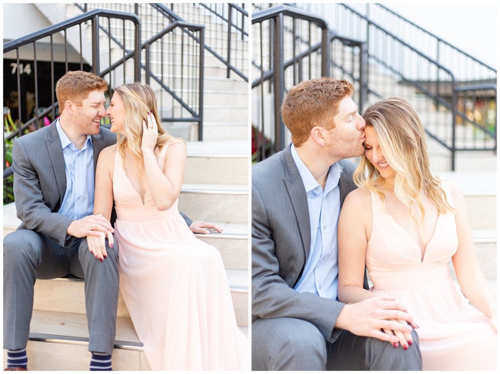 Fiance kissing on stairs in Tampa