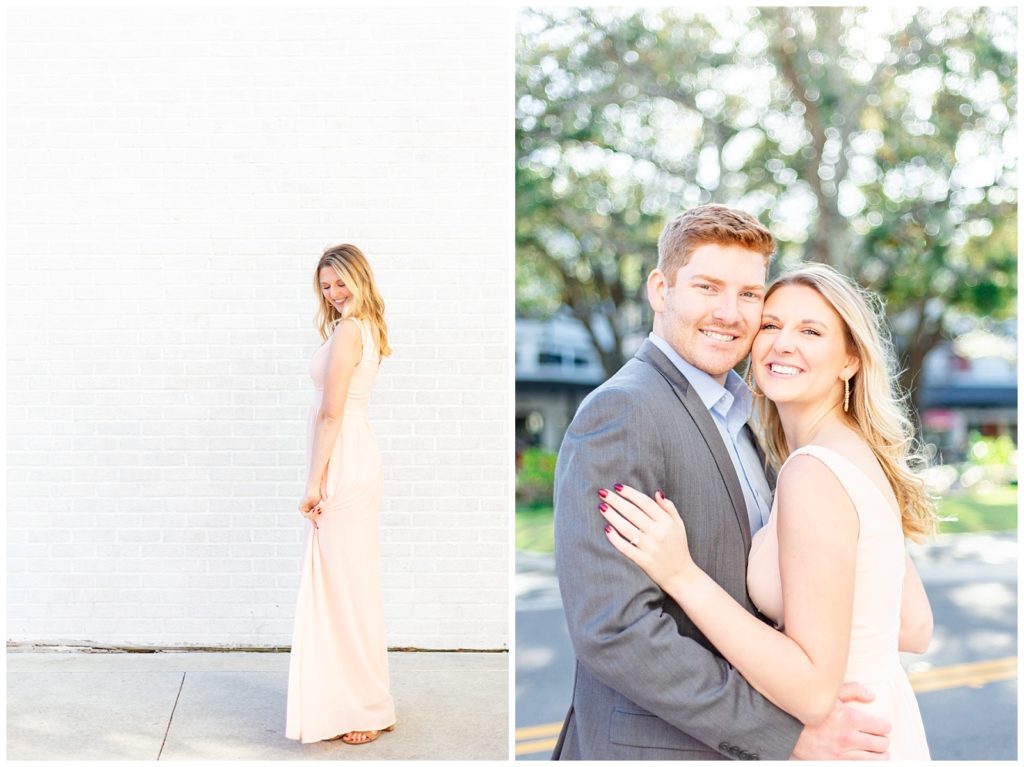 Couple smiles for portrait in grey suit and blush dress