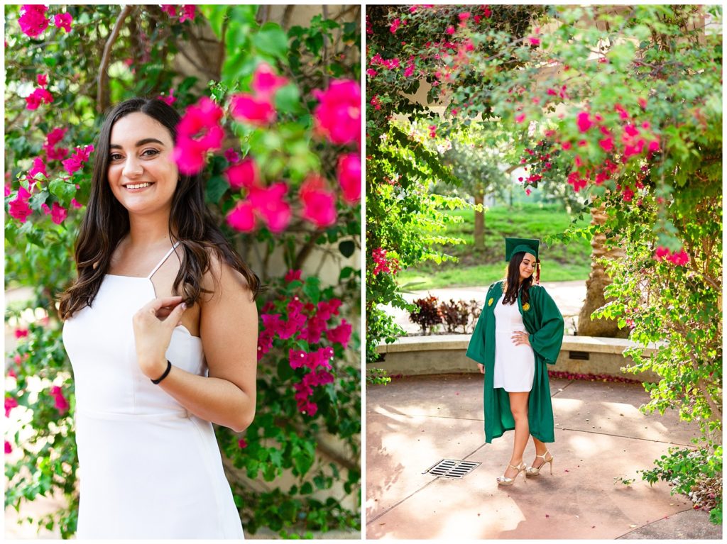 Photo on left portrait of senior in white dress in pink flower bush. Photo on right of college graduate wearing her cap and gown looking over her shoulder. 