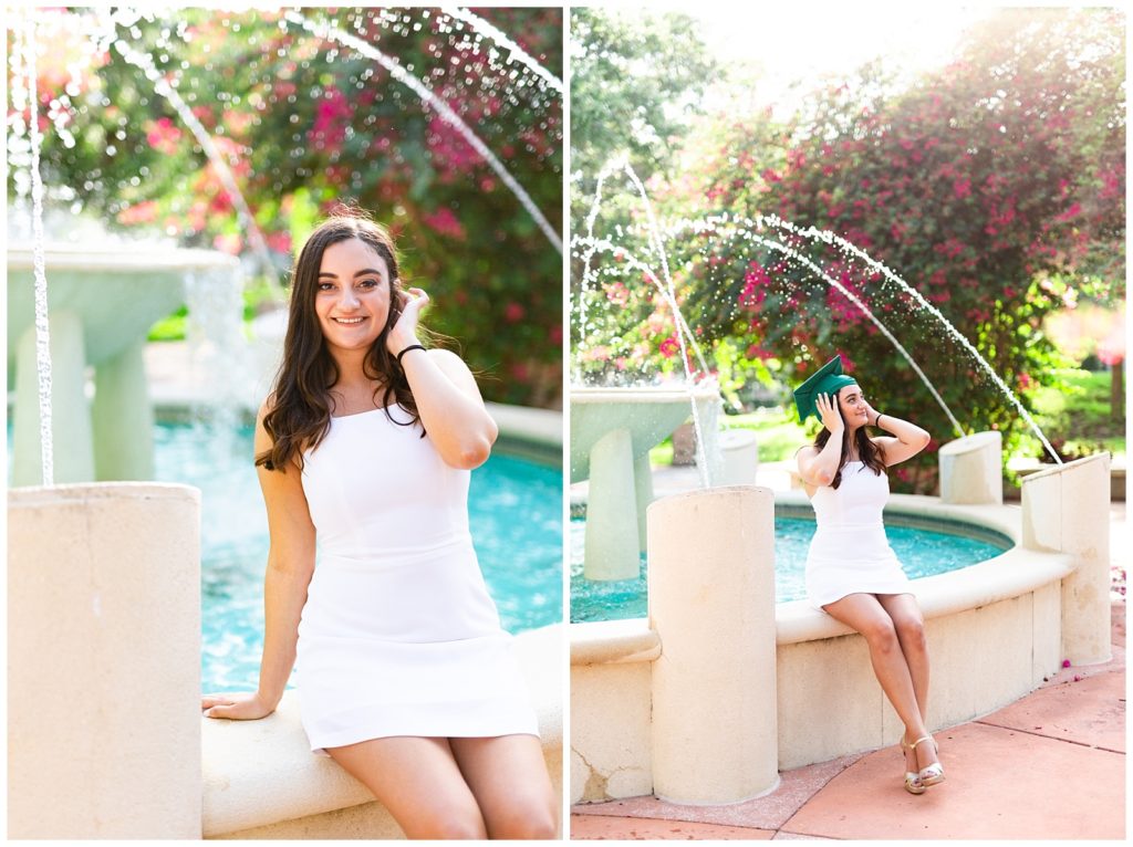 Photo on left portrait of senior in white dress in front of blue fountain. Photo on right of graduate in her cap looking towards the sky. 
