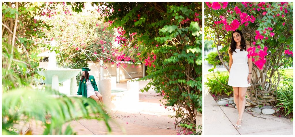 Photo on left of graduate sitting at blue fountain. Photo on right of graduate in white dress with pink flowers.