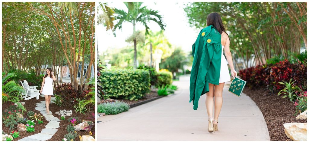 Photo on left of senior walking through garden at USF campus. Photo on right of graduate holding cap and gown walking on pathway.
