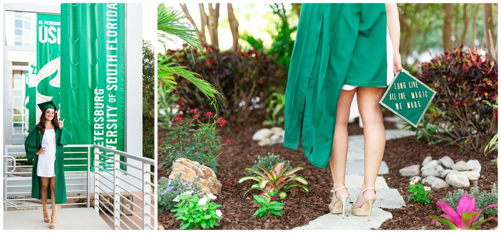 Photo on left of senior posing with USF bull sign. Photo on right of graduate holding cap in gold heels to match USF school colors.