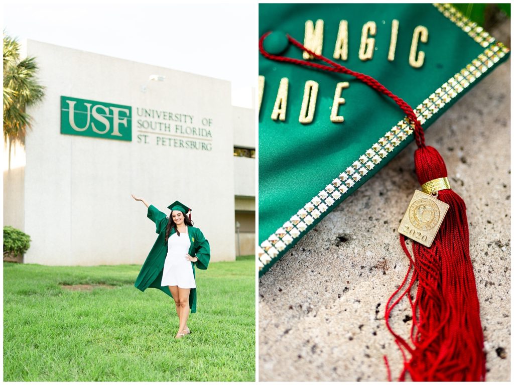 Photo on left of graduate in cap and gown showcasing USF sign. Photo on right of cap and 2020 tassel. 