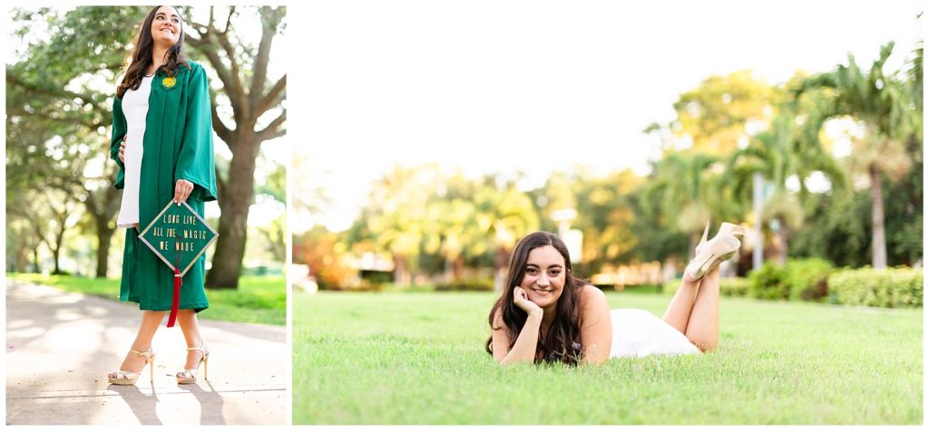 Photo on left of graduate in gown holding her cap with tassel. Photo on right of senior laying in grass on USF campus.