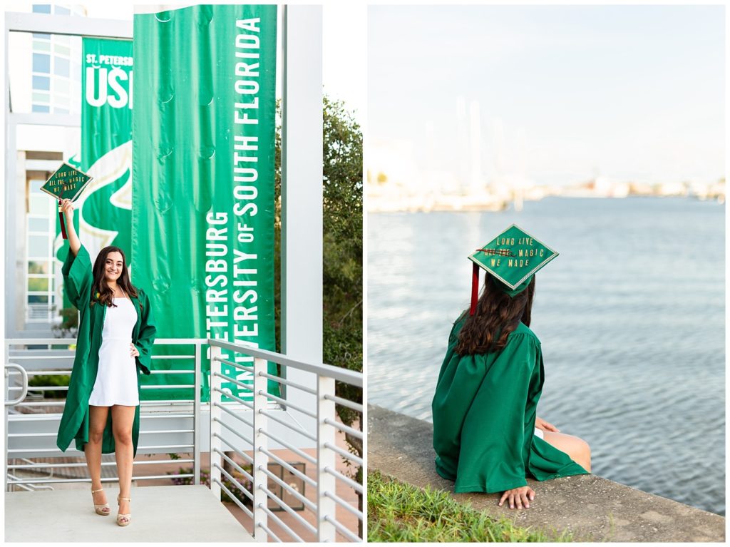 Photo on left of graduate holding her cap in the air in front of USF banners. Photo on right of senior sitting in front of the waterfront in cap and gown.