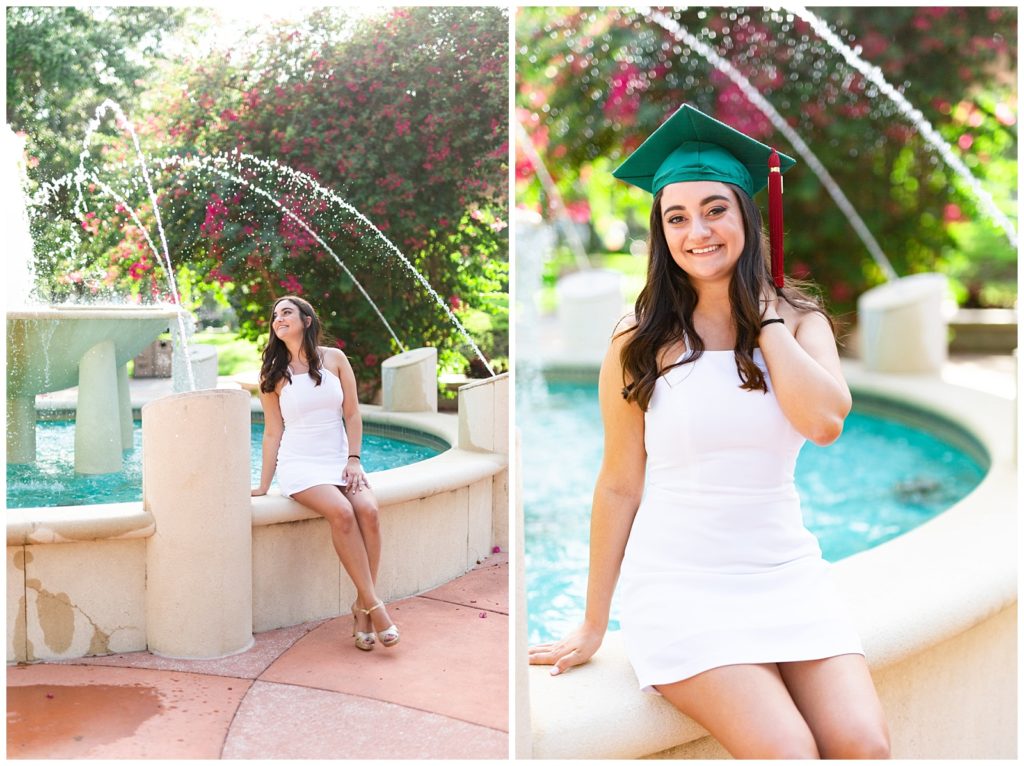 Photo on left of graduate in white dress sitting at fountain looking up at the sky. Photo on right of graduate in her cap at fountain.