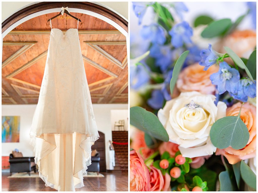 photo on left of bride's wedding dress hanging from doorway on custom hanger, photo on right of engagement ring in blue and peach bouquet