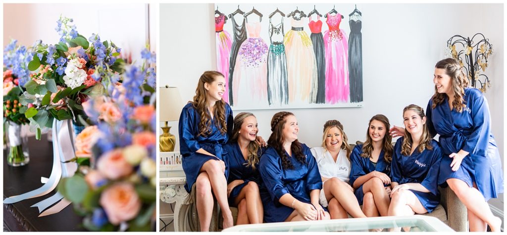 image on left of all bridesmaid bouquets in blue and peach color theme, image on right of brides in navy blue robes laughing with each other