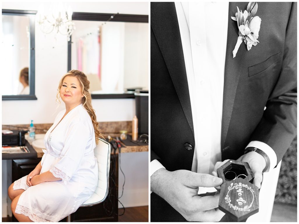 image on left of bride in getting ready chair smiling at the camera as she has her makeup done, image on right black and white of groom holding wedding rings in box before the wedding ceremony