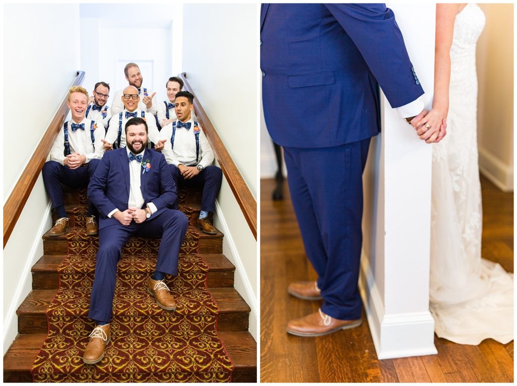 image on left of groomsmen and groom on stairs in their blue suits, image on right of bride and groom holding hands during a prayer before their wedding