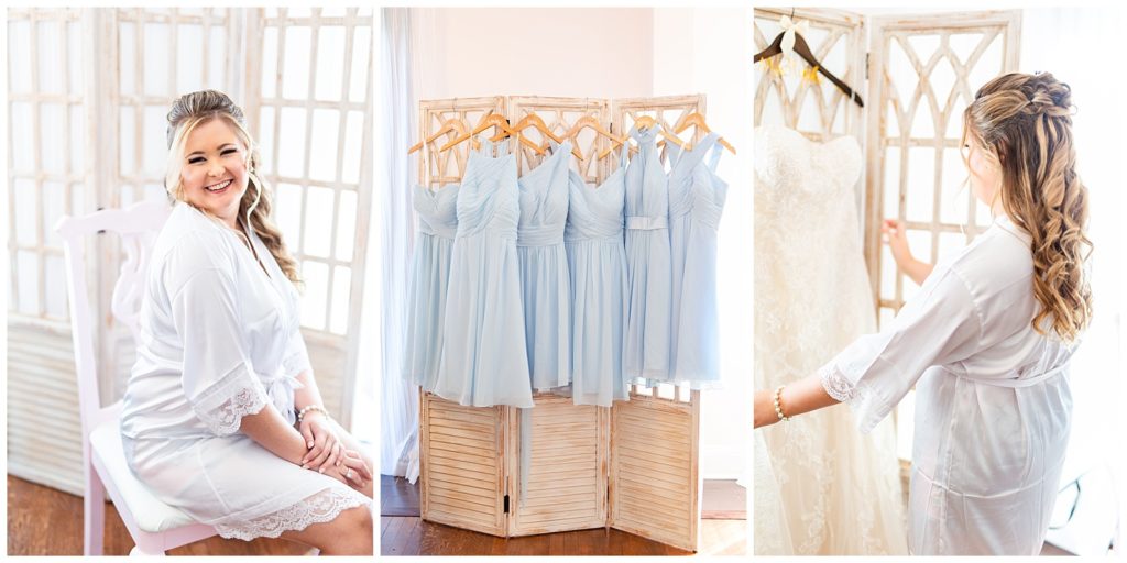 Image on left of bride in robe before getting into wedding dress, image in middle of blue bridesmaid dresses hanging together, image on right of bride admiring her wedding dress before putting it on