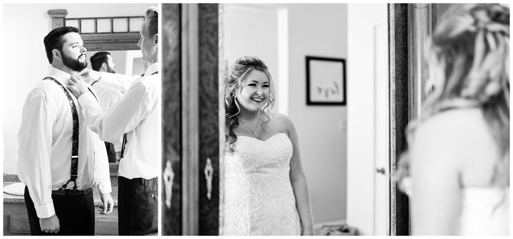 image on left black and white of best man helping the groom with his tie on his wedding day, image on right black and white photo of bride looking into the mirror of herself in her wedding gown