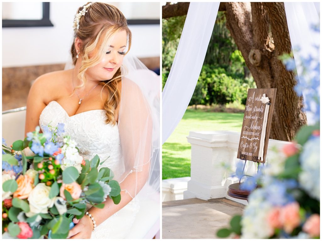 photo on left of bride sitting down looking over her should while holding her bouquet, photo on right of tie the knot sign at wedding ceremony with blue and peach flowers