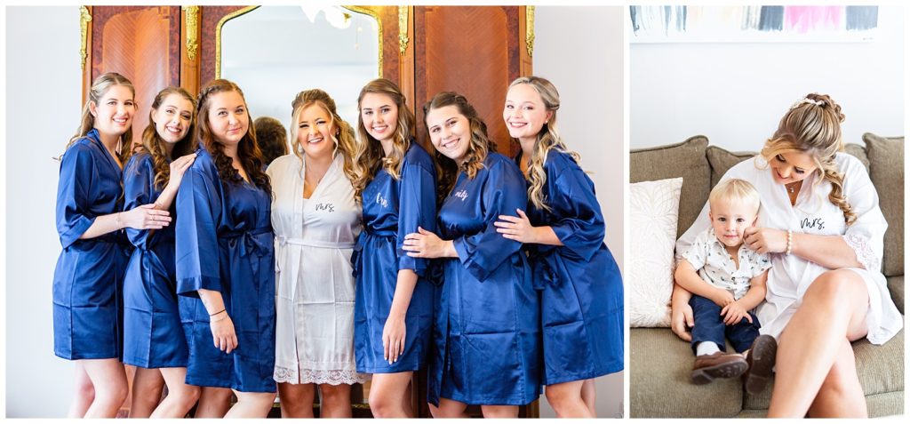 photo on left of bridesmaids in the navy blue robes posing in getting ready room, photo on right of bride and ring bearer before the wedding