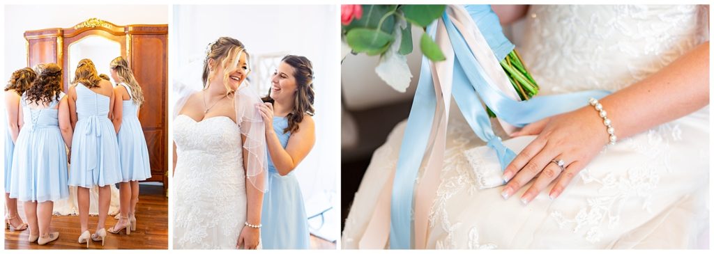 photo on left of bridesmaids in light blue dresses standing in circle around bride praying before her wedding, image in middle of bridesmaid putting the veil on bride, image on right of brides ring and hand on bible with bouquet