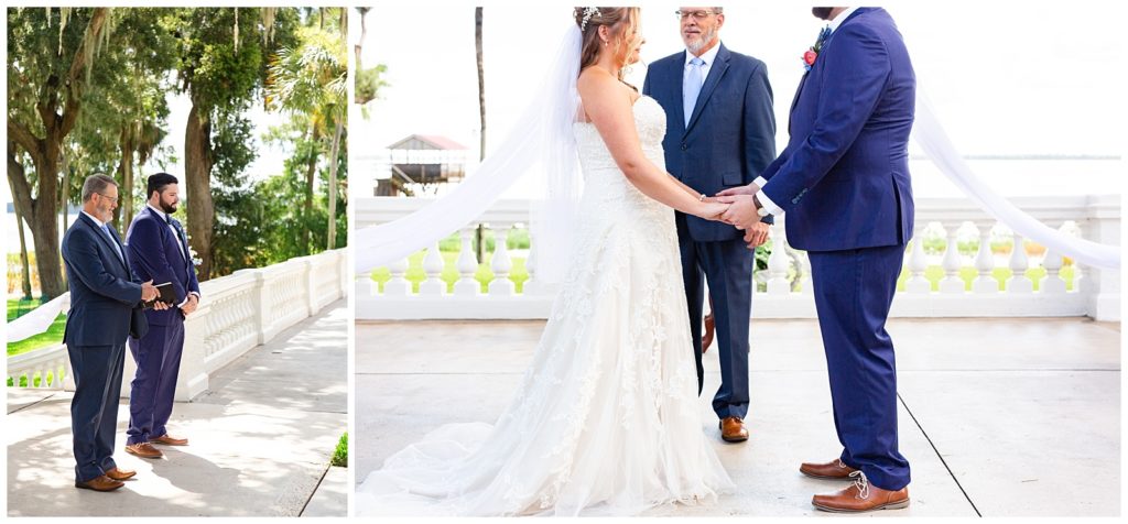 Photo on left of groom standing with the officiant waiting for his bride to come down the aisle, photo on right of bride and groom holding hands during ceremony