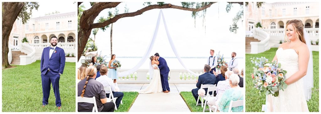 Photo on left of groom looking to the right, photo in the middle of bride and groom kissing at their ceremony, photo on right of bride looking in towards the left