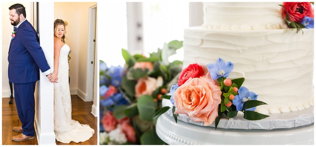 photo on right of bride and groom holding hands and saying a prayer before their wedding begins, image on right a close up detail of peach flowers on white wedding cake