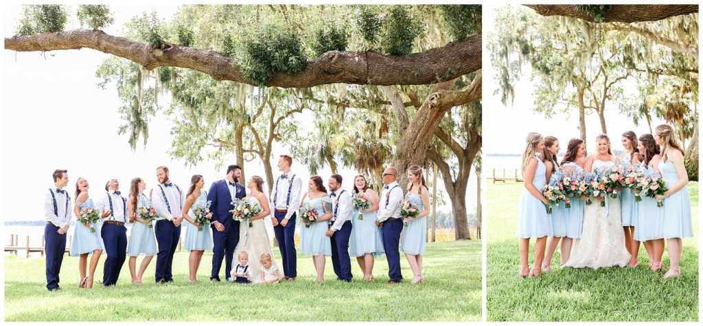 Photo on left of full bridal party together at wedding and photo on right of bridesmaids in sky blue dresses holding their bouquets