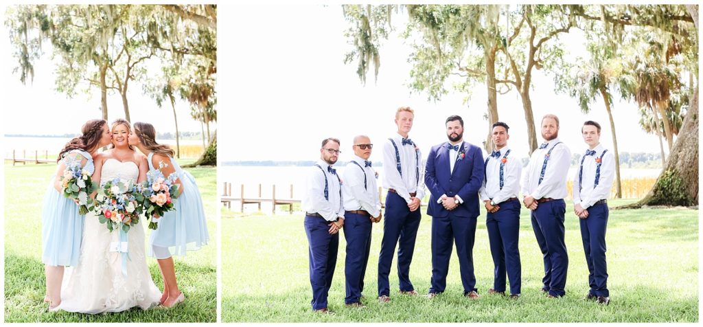 Image on left of two bridesmaids in blue dresses kissing bride on her cheeks, photo on right of groomsmen posing for camera