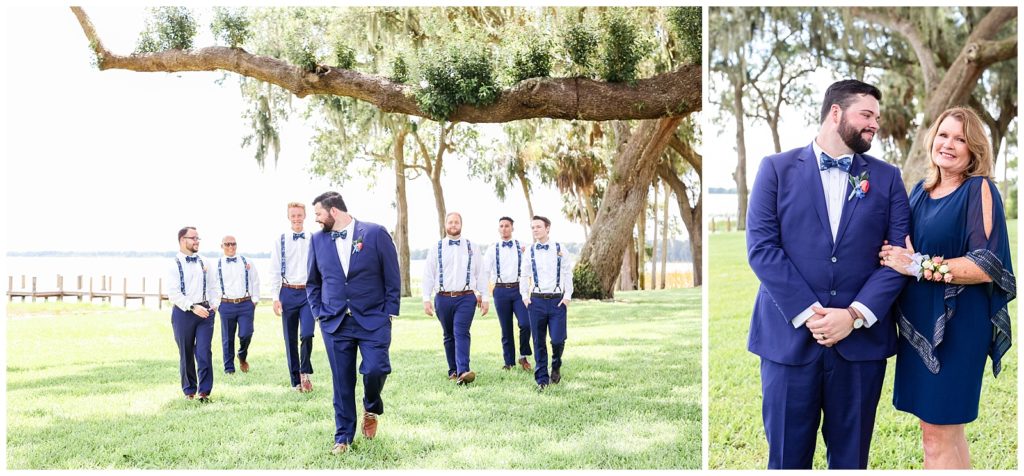 photo on left of groomsmen and groom walking in green grass together, photo on right of groom and his mother together