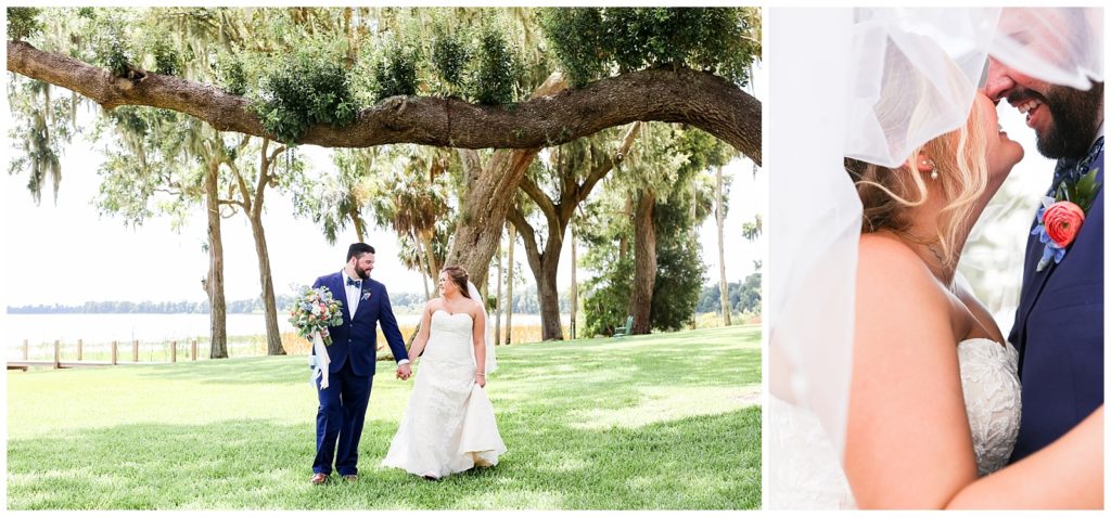 Left photo of bride and groom walking together in grassy field and photo on right of bride and groom sharing kiss underneath brides veil