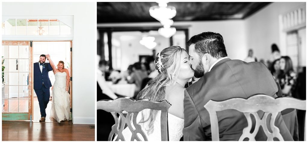 photo on left of bride and groom being introduced for the first time into the reception and photo on right of couple sharing a kiss at the sweetheart table during their ceremony