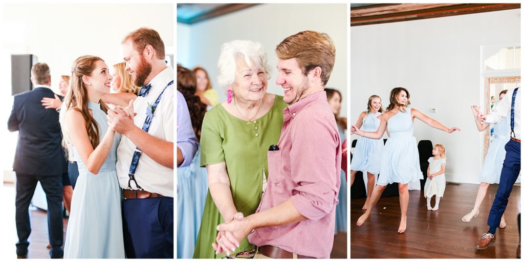 All three photos of guests dancing at reception
