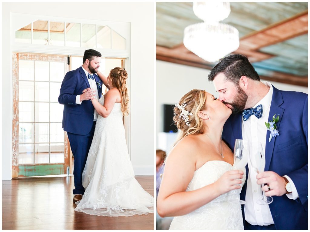 photo on left of bride and groom sharing a slow dance at their wedding reception and photo on right of bride and groom kissing while holding their champagne glasses