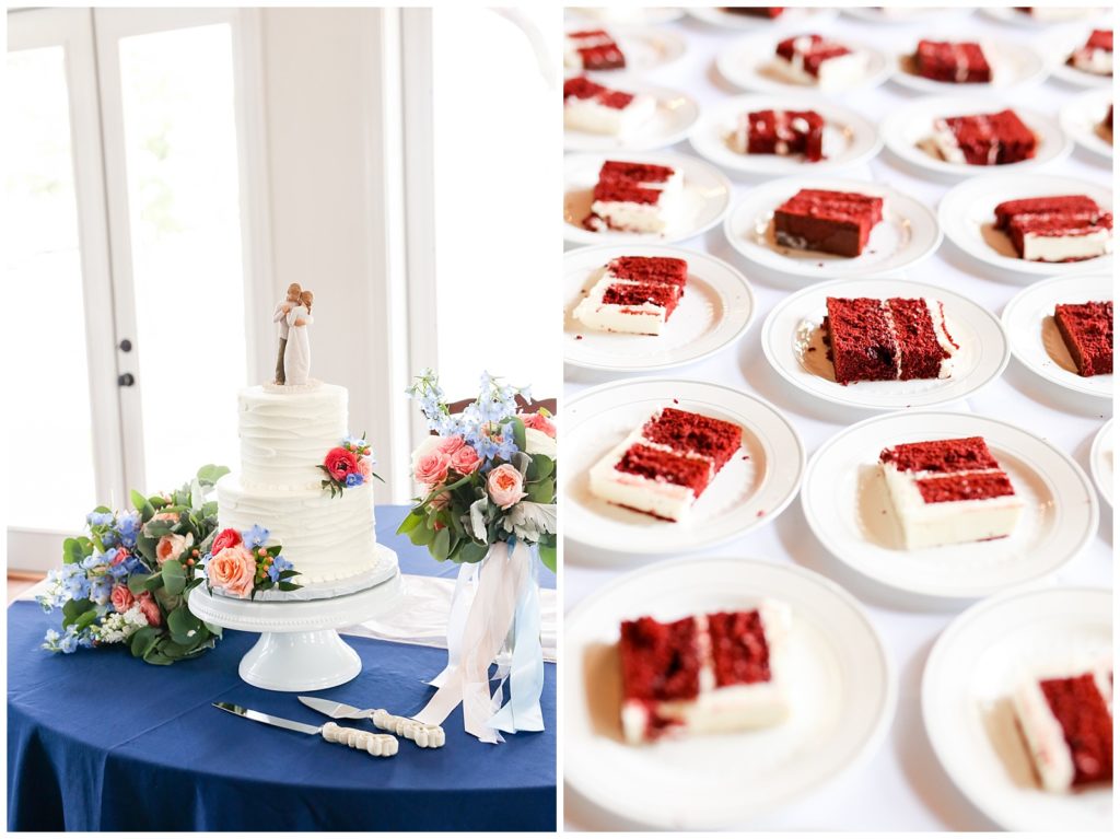Photo on left of cake and flowers on navy blue sweetheart table and photo on right of cut pieces of red velvet cake on individual plates ready to be served to guests