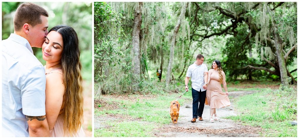 Photo on left of couple facing away from camera as she looks behind her and he kisses her on the temple. Photo on right of couple walking their golden retriever on the bright green forest.