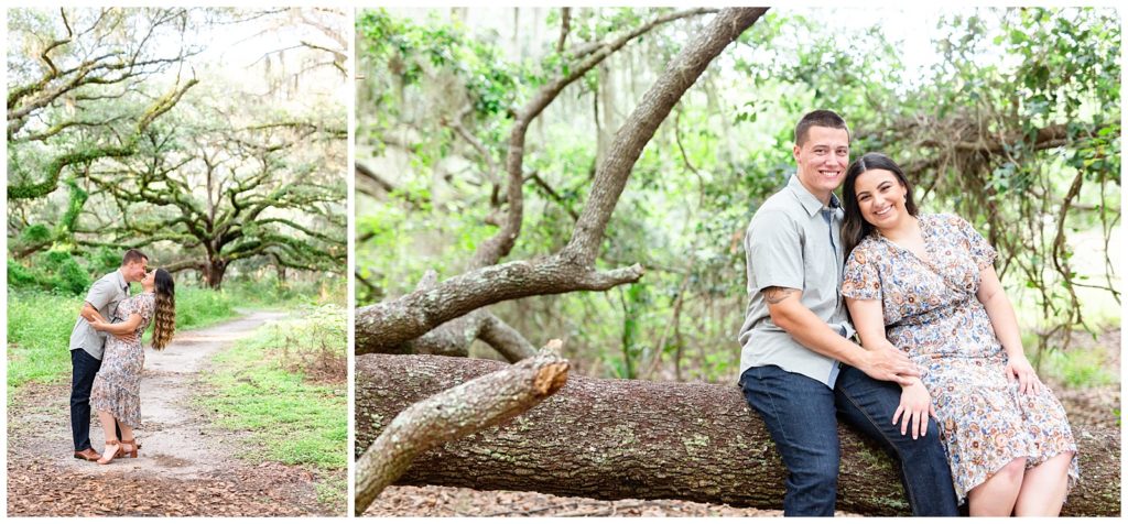 Photo on left of Guy dipping girl as her hair falls beautifully. right photo as couple sitting a fallen tree as she lays back into him.