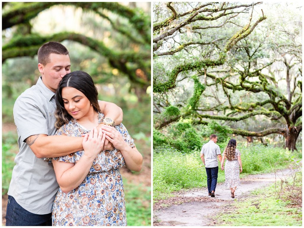 Left photo of future husband standing behind wife holding her with his arms around her as she gently smiles down her shoulder. Photo on right of couple walking down a path with lushes tall trees around them.