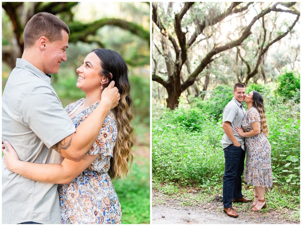 Left photo has a gentleman brushing the hair around his fiance's ear. Photo on right is girl kissing her fiance on the cheek.