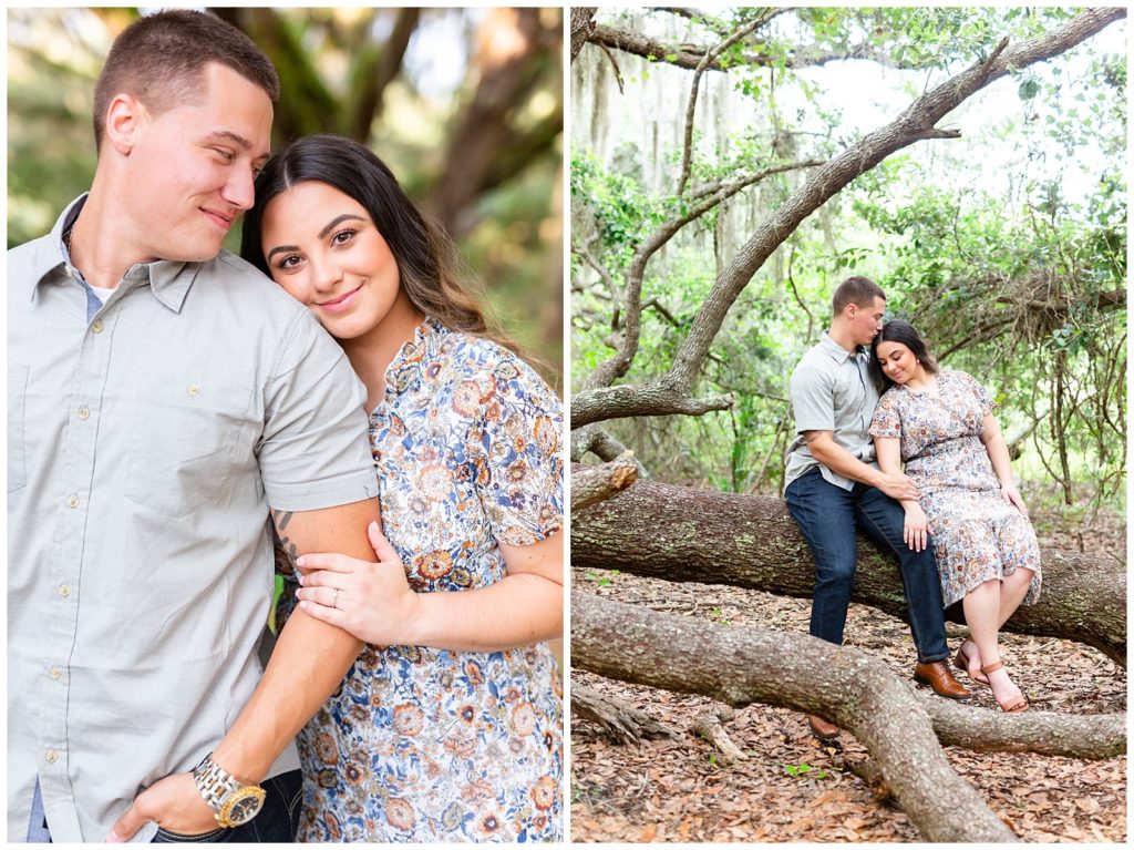 Future wife standing behind fiance holding his bicept and smiling at the camera as he smiles at her. Photo on right of guy intimately holding fiance on a huge fallen tree..