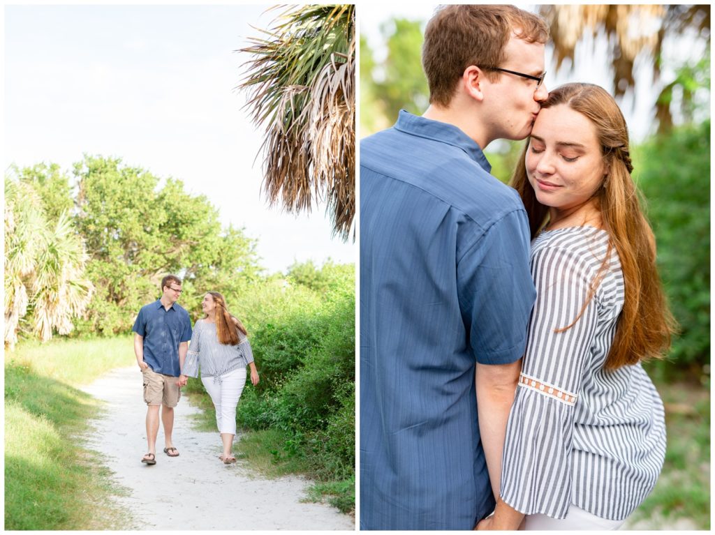 Photo on right of couple facing away from the camera while boy kisses his fiancé on the temple and left photo of them walking towards the camera as they smile at each other in Dunedin, Florida.